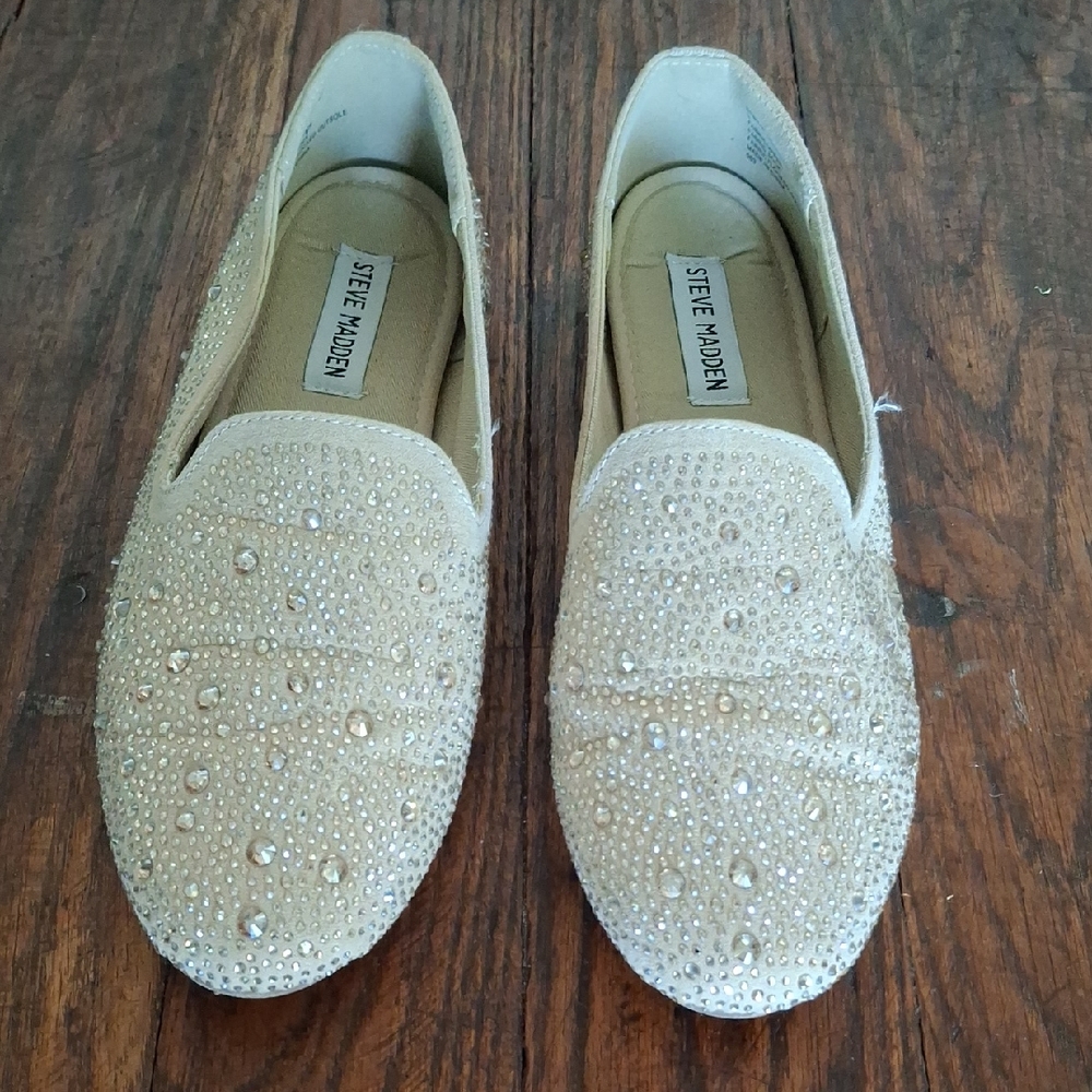 Steve Madden Cream Crystal-Embellished Slip-On Loafers